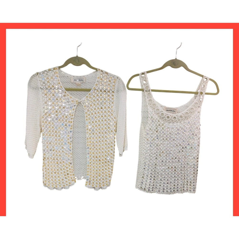Keke Collection Crochet Sequin Tank Cardigan Set Fairy Y2K Boho Glam Womens XS S